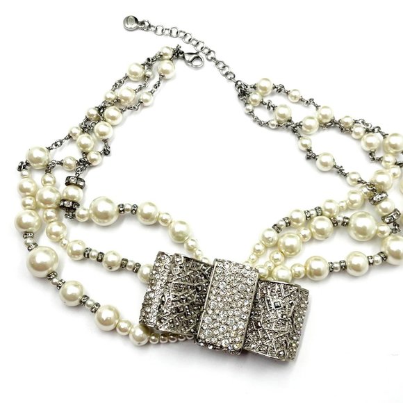 Chanel Rare Silver Large Bow Crystal 3 Strand Pearl Necklace - Picture 1 of 5